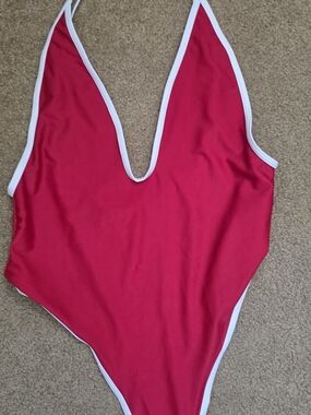 Red One-Piece Swimsuit with White Trim High Wasted Thong